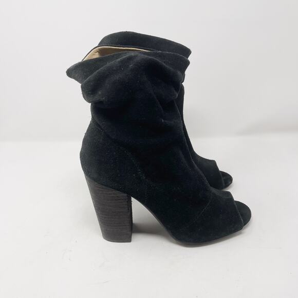 Nine West 6 Black Kaceyx5 Suede Leather Peep Toe Ruched Booties Block Heel - Picture 14 of 14